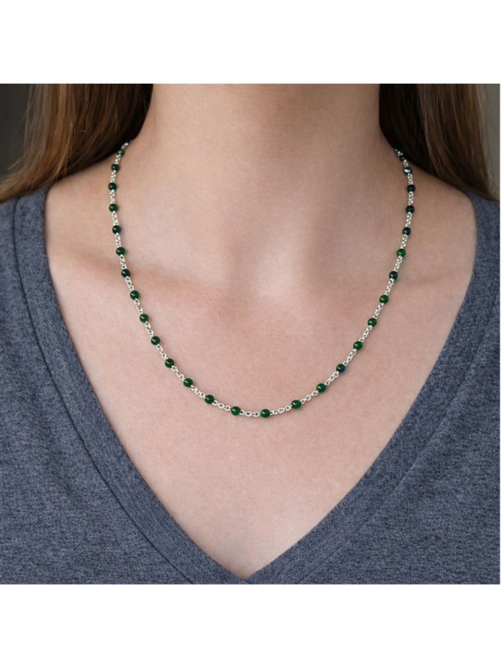 Necklace - 18” Stainless Steel Silver tone Necklace with Green Bead Accents - Picture 4 of 5